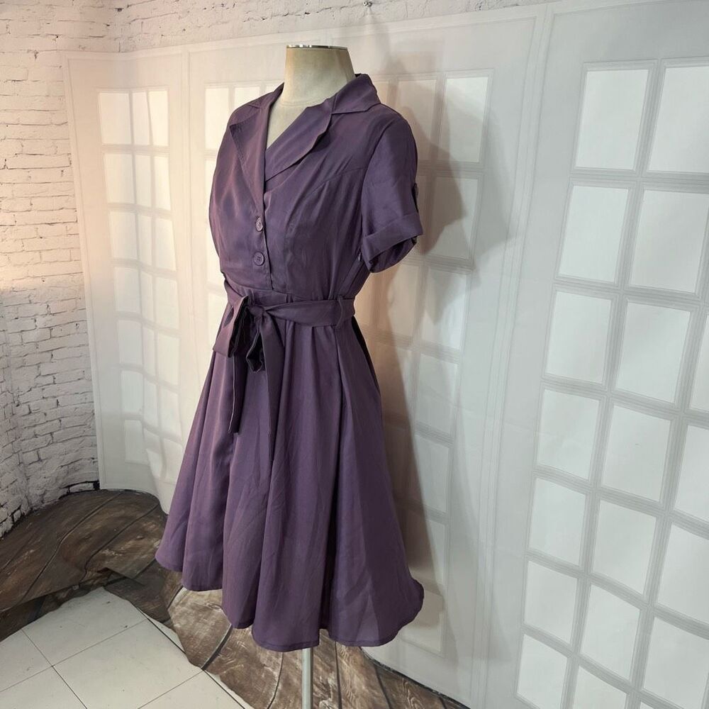 Venus Purple Collared Retro Vibe Tie Waist Short Sleeve Shirt Dress Size 8 - Picture 3 of 10